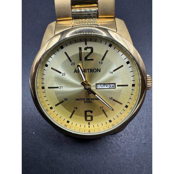 Armitron Gold Tone Stainless Steel Day & Date Watch 20/5496GP 43.8mm Working - Picture 1 of 10